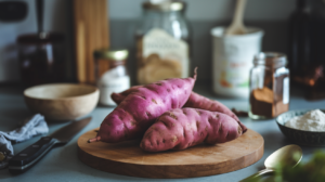 Roasted Purple Sweet Potatoes on a Baking Sheet