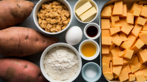 Ingredients for a sweet potato dish, including whole sweet potatoes, cubed sweet potato pieces, brown sugar, flour, butter, an egg, vanilla extract .