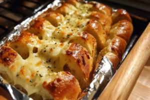 A side view of the cheesy pull-apart bread as it's being pulled 