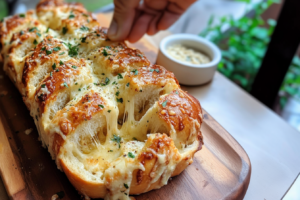 A close-up of the cheesy pull-apart bread before baking